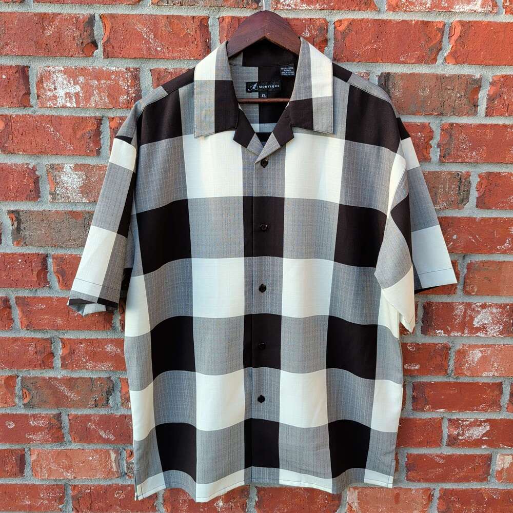 Montique Check Camp Shirt Mens XL Black White Short Sleeve Button Up